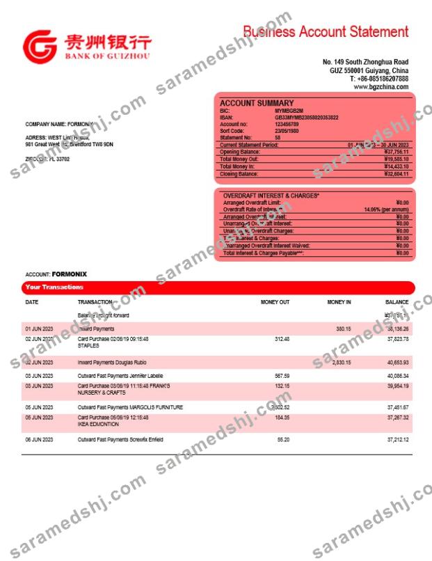 Bank of Guizhou business checking account statement Word and PDF template